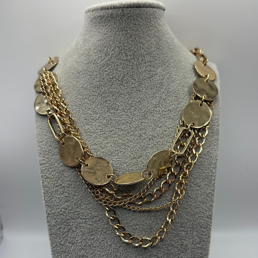 Gold 5 Layered Necklace with Circular Disc Elements Cream Ceramic Details